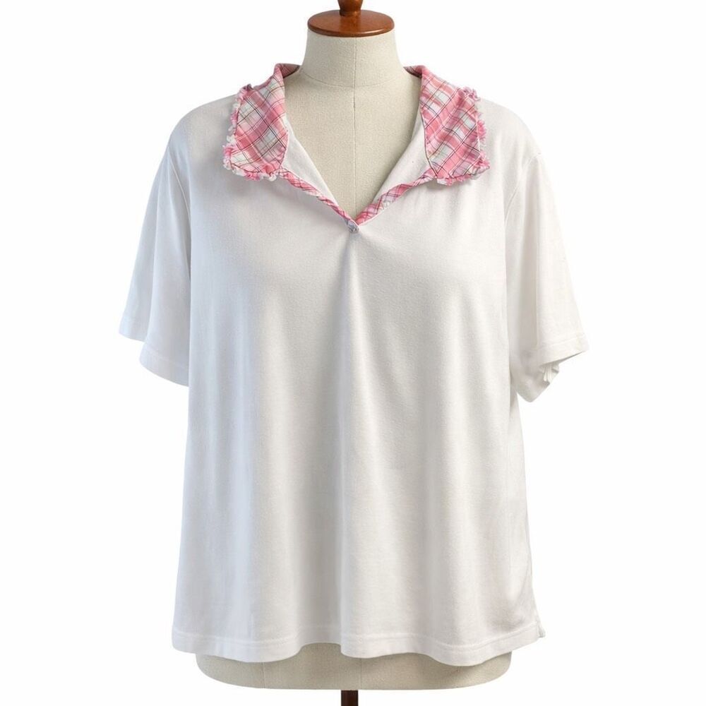 Alfred Dunner XL White Knit Top Pink Plaid Ruffle Collar Cottage Chic Size XL